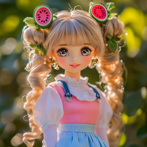 Cute Doll with Watermelon Accessories and Blonde Double Ponytails