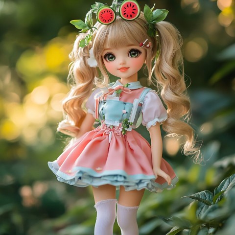 Cute Doll with Watermelon Hair Accessories in Garden Setting