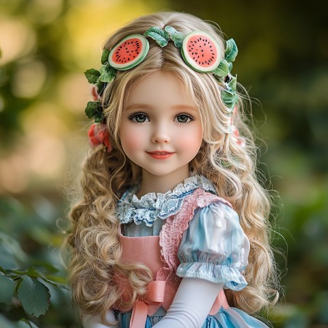 Cute Blonde Doll with Watermelon Accessories in Garden Portrait