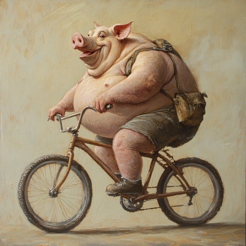 Fat Pig Riding Bicycle in Professional Cyclist Outfit