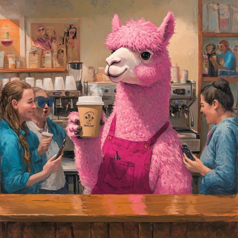 Edward Hopper Style Coffee Shop with Giant Pink Alpaca