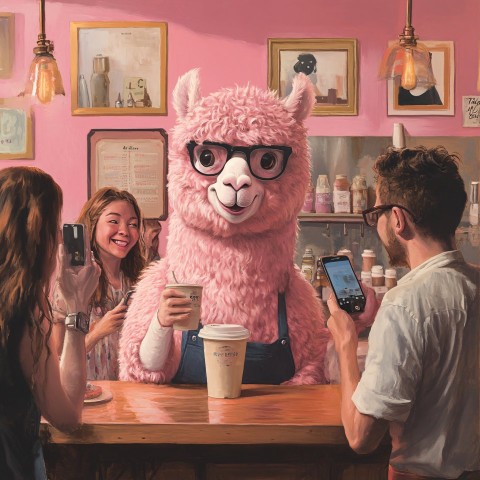 Quirky Coffee Shop with Pink Alpaca Barista Illustration