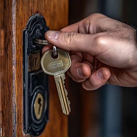 Hand Inserting Mechanical Key into Apartment Door Lock