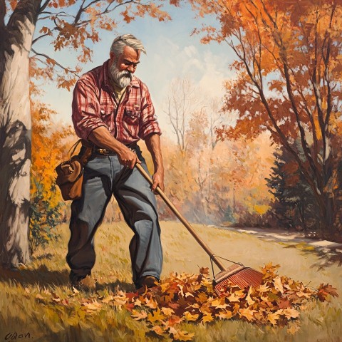 Canadian Lumberjack Raking Leaves on Large Property in Fall