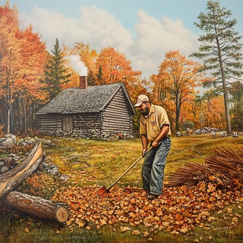 Lumberjack Raking Leaves on Large Autumn Property