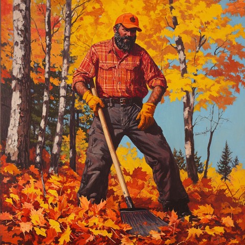 Canadian Lumberjack Raking Leaves on a Large Autumn Property