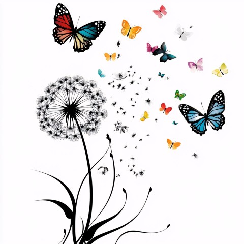 Wind Blowing Black Dandelions with Colorful Butterflies