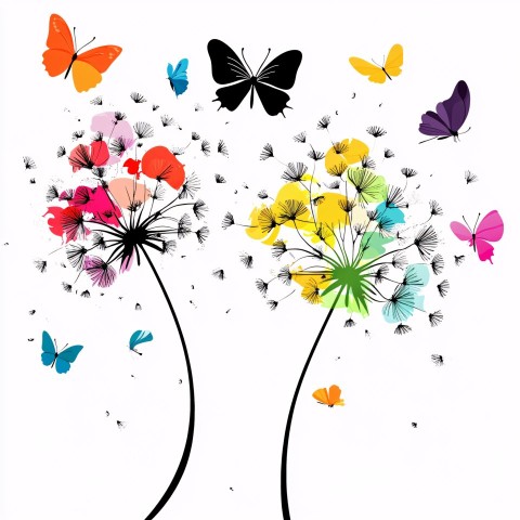 Wind Blowing Black Dandelions with Colorful Butterflies