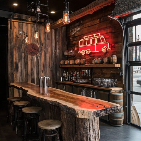 Rustic Industrial Bar with Neon VW Van Sign