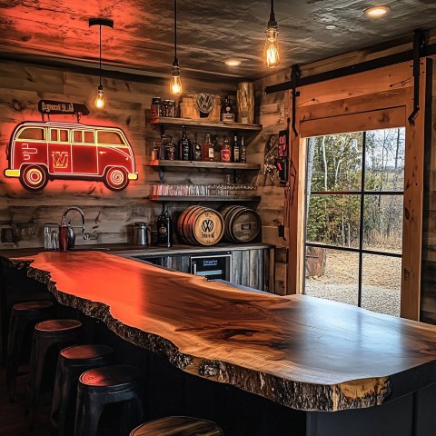 Rustic Industrial Bar with Live Edge Countertop and Neon Sign