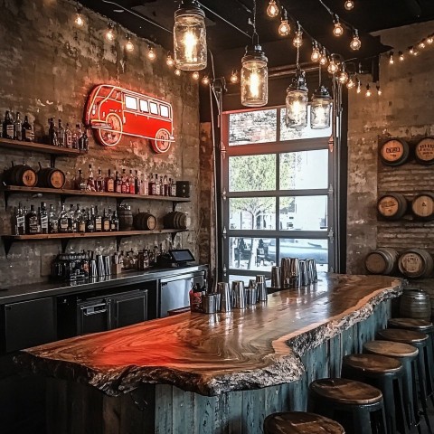 Rustic Industrial Bar with Neon VW Van and Barn Door