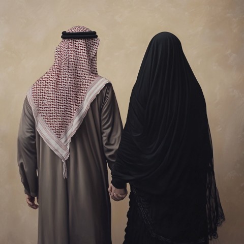 Saudi Couple Walking Holding Hands in Traditional Attire