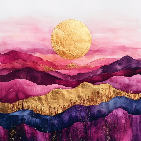 Abstract Watercolor Sunset Over Rolling Hills