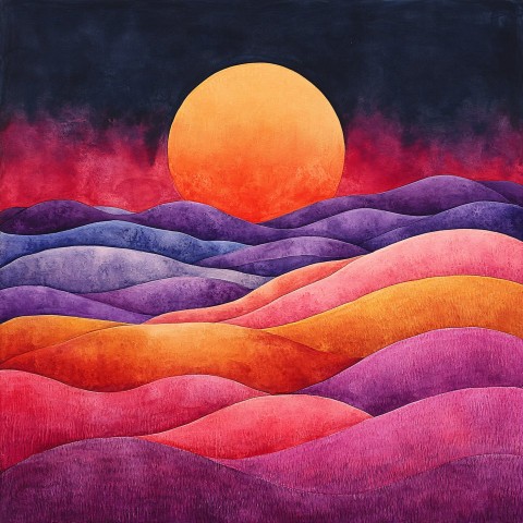 Abstract Watercolor Landscape with Rolling Hills and Sunset