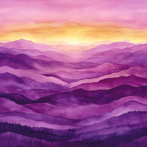 Abstract Watercolor Landscape with Rolling Hills and Sunset