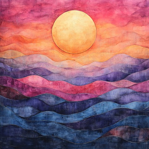 Abstract Watercolor Landscape with Rolling Hills and Setting Sun