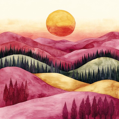 Abstract Serene Landscape Watercolor with Setting Sun