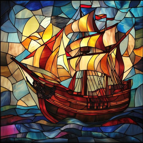 Stained Glass Ship Artwork with Nautical Elements