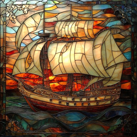 Stained Glass Ship Artwork with Nautical Design