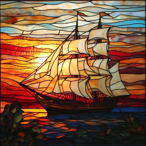 Stained Glass Ship with Vibrant Ocean Colors