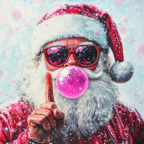 Coca Cola Santa Blowing Bubblegum, Peace Sign, Watercolor