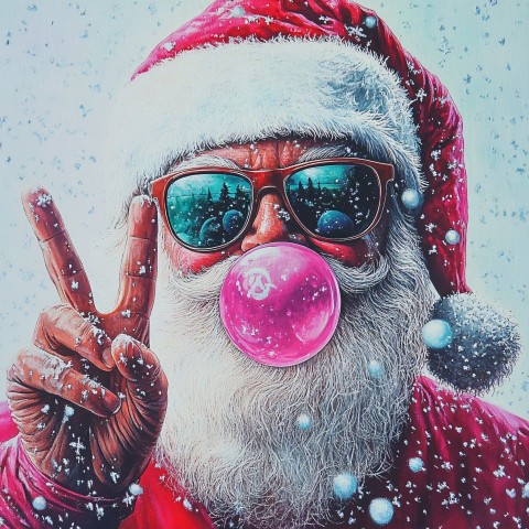 Santa Blowing Bubblegum, Peace Sign, Coca Cola Style