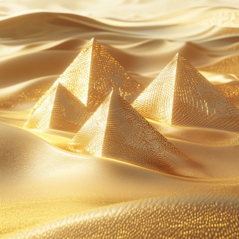 Golden Pyramids 3D Rendering in Egyptian Desert Landscape