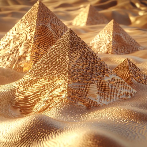 Golden Pyramids in Egyptian Desert 3D Rendering