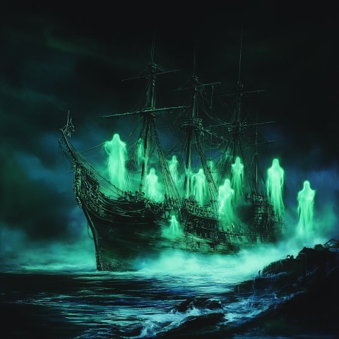 Pirate Ship with Glowing Ghosts on Dark Ocean Shore