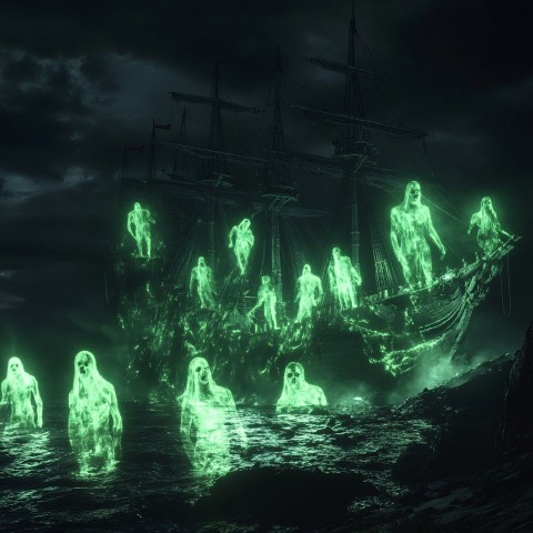 Pirate Ship with Glowing Green Ghosts on Dark Ocean