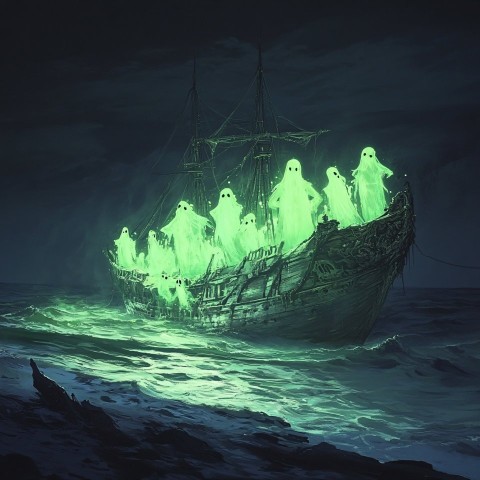 Pirate Ship with Glowing Ghosts on Black Ocean Shore