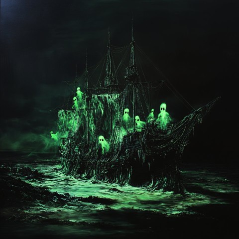 Pirate Ship with Glowing Ghosts on Dark Ocean Shore