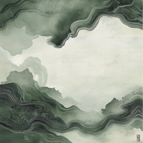 Abstract Green Background with Ink-Like Zen Textures