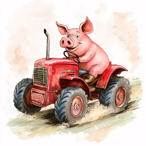 Pig Driving Tractor Cartoon Illustration in Raw Style