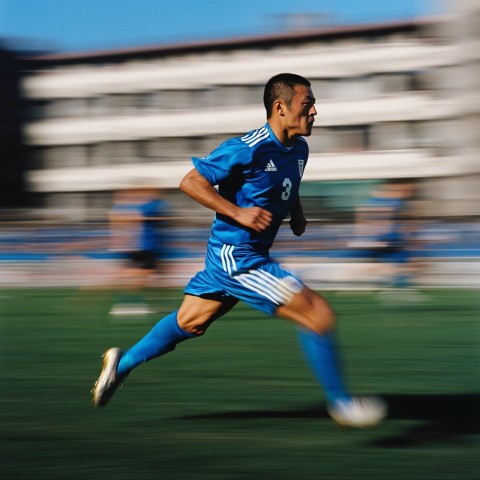 Japanese Soccer Player Running at High Speed in Blue Uniform