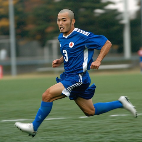 Japanese Soccer Player Running Fast in Blue Uniform