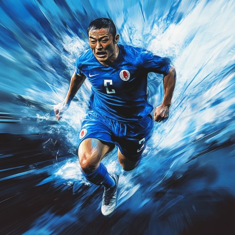 Japanese Soccer Player Running at High Speed in Blue Uniform