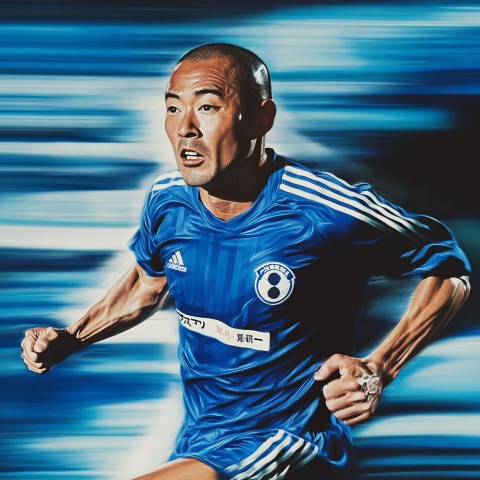 Japanese Soccer Player Sprinting in Blue Uniform at High Speed