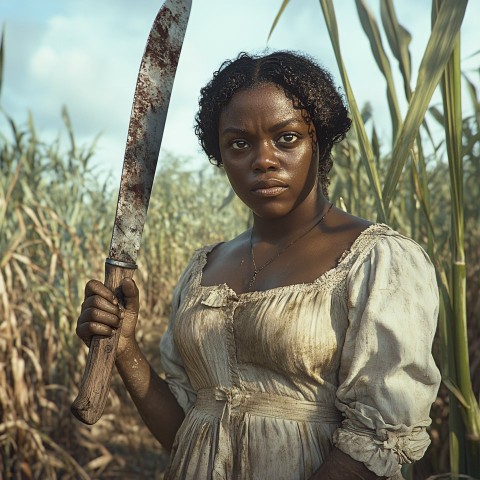 Black Woman Holding Machete in Sugarcane Field