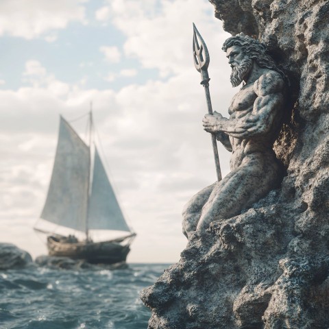 Rock Statue of Poseidon with Trident in Rough Sea