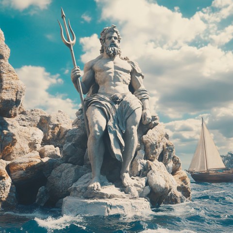 Rock Statue of Poseidon Holding Trident in Rough Sea