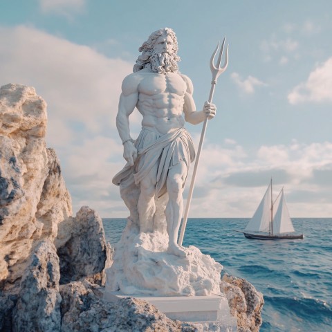 Rock Statue of Poseidon Holding Trident in Stormy Sea