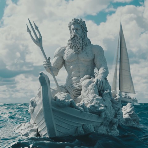 Poseidon Statue with Trident in Stormy Ocean Scene