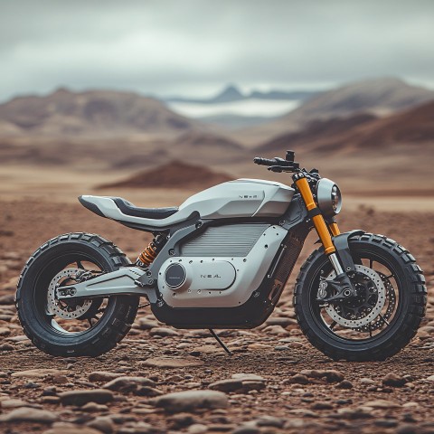 Electric Motorcycle in Almeria Desert with Grey and Blue