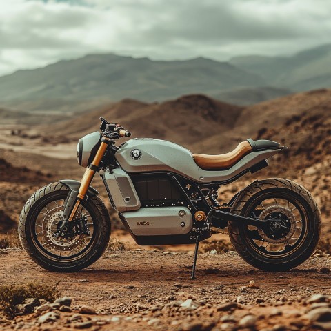 Electric Motorcycle in Almeria Desert with Grey and Blue Accents