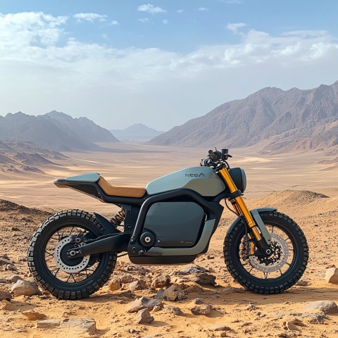 Electric Motorcycle in Almeria Desert with Blue Accents