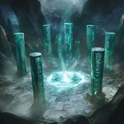 Nine Magical Energy Pillars Encircling Ethereal Inscription