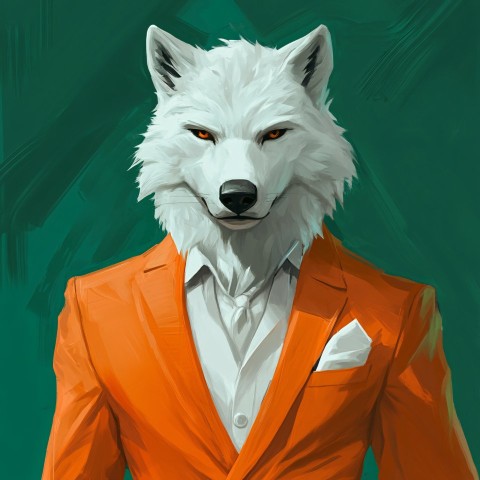 Anthropomorphic White Wolf in Orange Suit Against Green Background