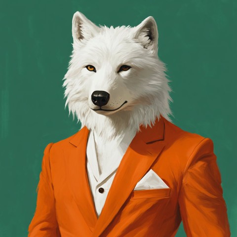 White Wolf in Orange Suit with Green Background