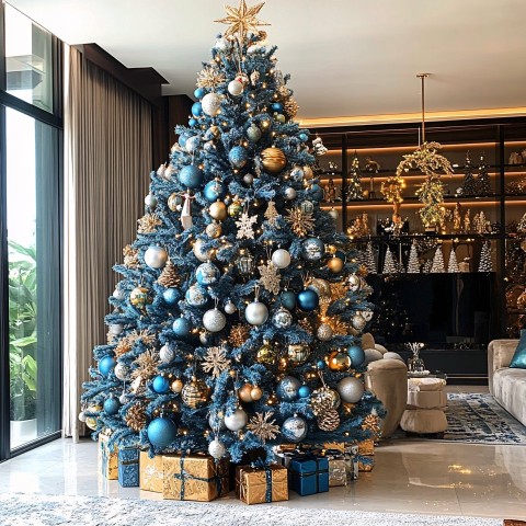 Christmas Tree Without Decorations Lit in Blue Tones